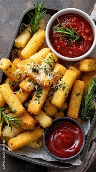 Fototapeta Tofu sticks topped with garlic seeds and maple syrup, accompanied by ketchup and crispy fries in a tray viewed from above