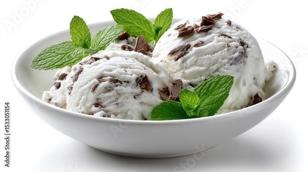 Fototapeta Mint chocolate chip ice cream scoops topped with fresh mint leaves, presented in a white bowl against a clean and bright backdrop