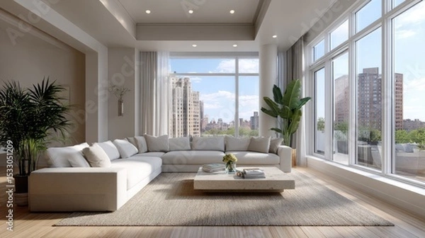 Fototapeta Spacious living area offers a serene atmosphere with sunset views, elegant furniture, and modern design featuring large windows
