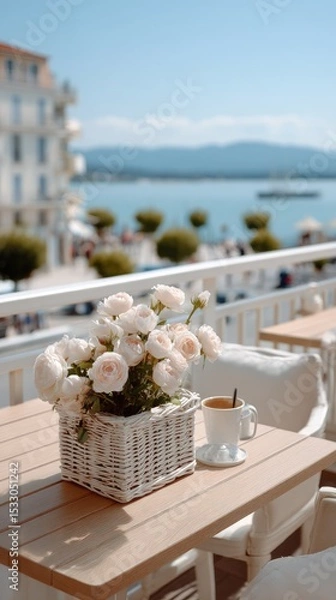 Fototapeta A charming wicker basket adorned with pink roses rests on a stylish balcony, offering a stunning view of the beach and mountains