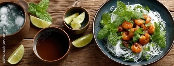 Fototapeta An appetizing plate of pad thai with shrimp garnished with lime and cilantro, accompanied by fresh ingredients on a rustic wooden table