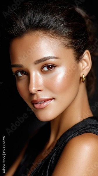 Fototapeta Close-up of a model with subtle makeup emphasizes her soft pink blush and glossy skin, radiating elegance in warm lighting