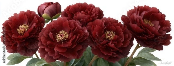 Fototapeta Close-up view of vibrant red peonies revealing detailed petals and contrasting stamens, enhanced by soft sunlight and shadows