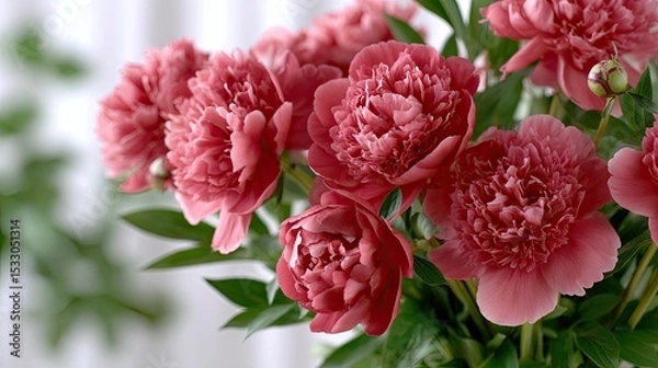 Fototapeta Close-up view of vibrant red peonies revealing detailed petals and contrasting stamens, enhanced by soft sunlight and shadows