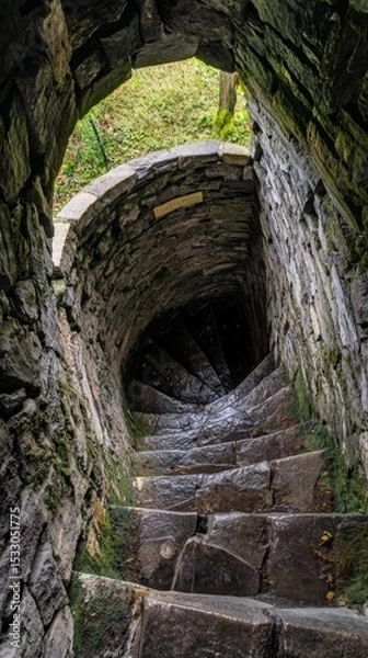 Fototapeta A mesmerizing spiral staircase descending into the unknown. The rugged stone steps evoke curiosity and adventure. Explore the mysterious journey below. Generative AI