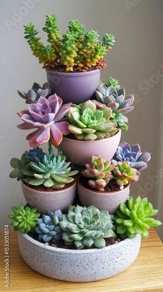 Fototapeta A vibrant collection of succulents arranged in varying pots. Each layer displays lush greenery and unique colors. This creates a beautiful natural decor piece. Generative AI