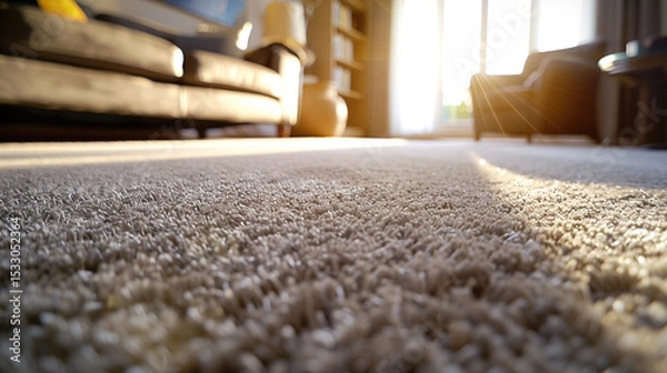 Fototapeta Plush carpet covers the floor in a cozy living room, with sunlight streaming through large windows, enhancing the inviting ambiance and comfort of the space