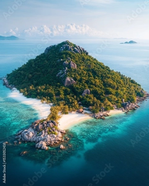 Fototapeta A breathtaking tropical island awaits your exploration. Crystal-clear waters lap against the sandy shores. Nature and tranquility blend harmoniously. Generative AI
