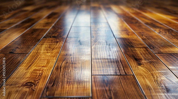 Fototapeta Detailed close-up of polished wooden floor, highlighting rich textures and natural grain patterns, reflecting light and enhancing the ambiance of interior environments