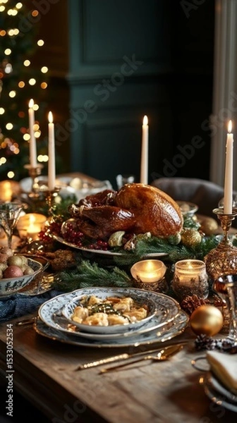 Fototapeta A beautifully arranged holiday table featuring a roast turkey centerpiece. Flickering candles and festive decorations create an inviting atmosphere. Generative AI