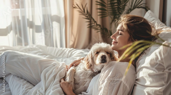 Fototapeta Woman lies comfortably in bed with a small dog in hotel room, sharing a serene moment in a sunlit room filled with soft bedding and greenery enhancing the atmosphere