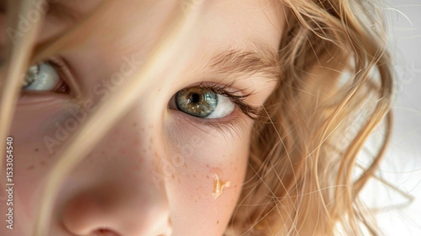 Fototapeta Young girl with curly blonde hair and captivating green eyes, highlighting her freckles and innocence in a softly lit environment, emphasizing natural beauty