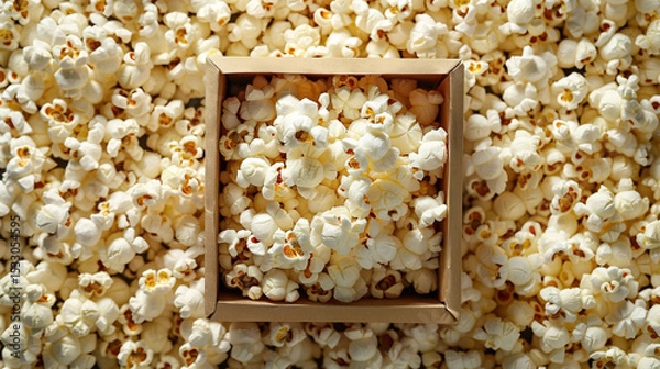 Fototapeta Box filled with fresh popcorn, surrounded by a multitude of popcorn kernels, creating a warm and inviting snack scene perfect for movie nights and celebrations