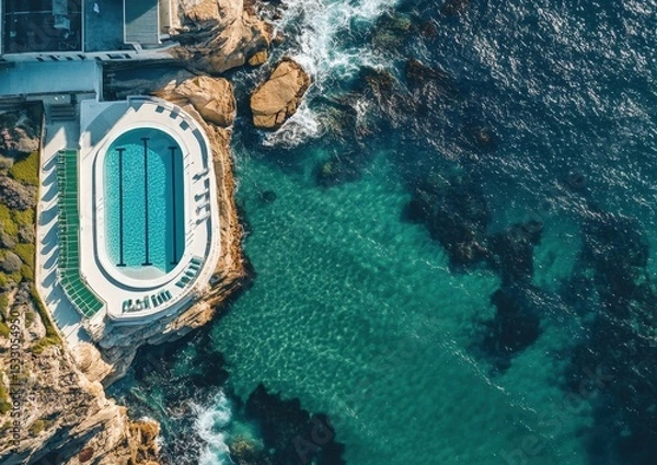 Fototapeta An aerial view of an ocean pool in the rocks at Bondi Beach, top-down perspective, drone photography style A large outdoor swimming pool with white edges and green walls next to it Generative AI