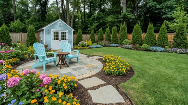 Fototapeta Beautiful garden with vibrant flowers and a cozy shed in a serene backyard setting during daylight hours