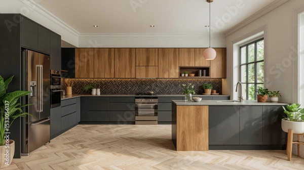 Fototapeta Modern kitchen design featuring wood and gray cabinetry with natural light in a spacious layout