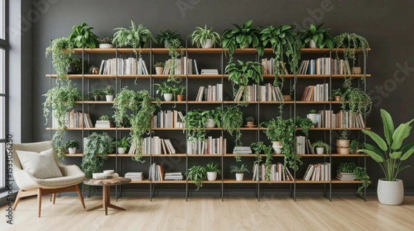 Fototapeta Lush greenery and books complement a modern living space with vibrant shelves in a cozy room
