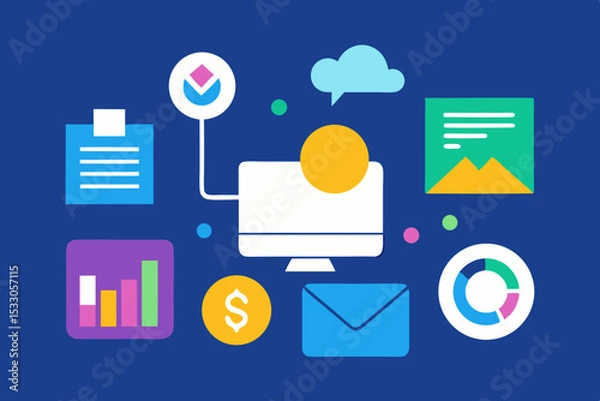 Obraz Bright Abstract Illustration of Computer and Digital Marketing Symbols