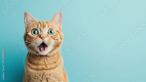 Fototapeta Wide-eyed orange tabby cat on blue background looking surprised. concept of adorable pet, playful feline expression, funny animal, copy space
