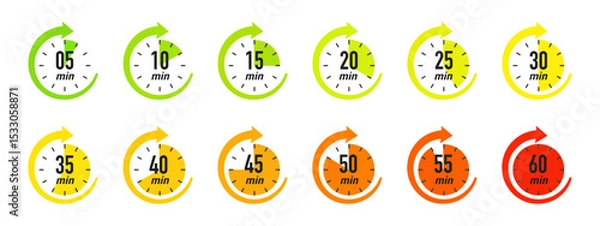 Obraz Timer, clock stopwatch icon set with 5 minutes gap. 5, 10, 15, 20, 25, 30, 35, 40, 45, 50, 55, and 60 minutes. Countdown timer vector illustration