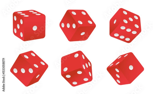 Obraz Rolling dice. Red cubes with white dots for gamble game, top view dice sides and 3D angles. Realistic vector craps. Dice cube play illustration