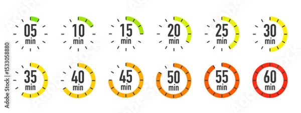 Obraz Timer, clock stopwatch icon set with 5 minutes gap. 5, 10, 15, 20, 25, 30, 35, 40, 45, 50, 55, and 60 minutes. Countdown timer vector illustration