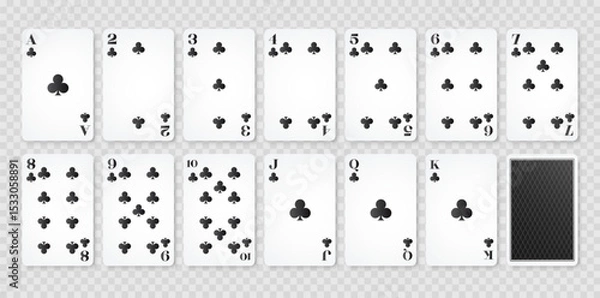Obraz Playing cards clubs suit and back. Set of poker playing cards. Vector illustration