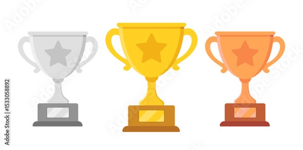 Obraz Trophy cup vector icon set. Gold silver and bronze award with star shape in flat style for competition. Winner symbol illustration