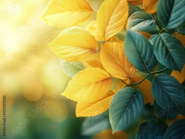 Fototapeta Leaves in Transition from Green to Gold — Close-Up Foliage Study with Autumnal Light and Bokeh