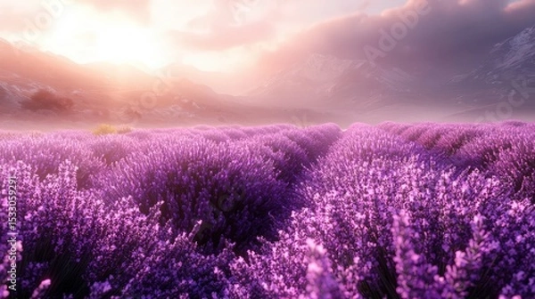 Fototapeta Lavender Field at Golden Hour with Misty Mountains — Dreamy Floral Landscape for Travel, Wellness, and Editorial Projects