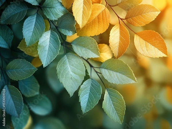 Fototapeta Tree Branches with Leaves Shifting from Green to Orange — Conceptual Nature Image of Seasonal Transition and Harmony