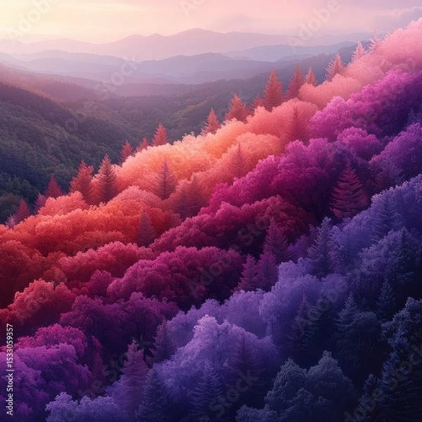 Fototapeta Vivid Multicolored Forest Under Soft Pastel Sky — Surreal and Dreamy Nature Scene for Art, Travel, and Editorial Themes