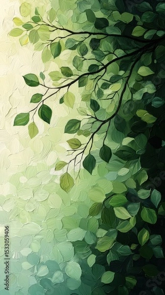 Fototapeta Artistic Green Tree Branches on Gradient Background — Textured Nature Illustration for Design, Editorial, and Wellness Themes