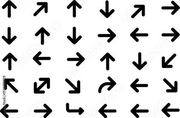 Fototapeta Array of black arrows pointing in various directions arranged in a grid pattern on white