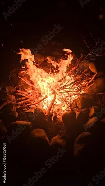 Obraz A vibrant campfire burns brightly in the darkness surrounded by rocks and scattered branches around it