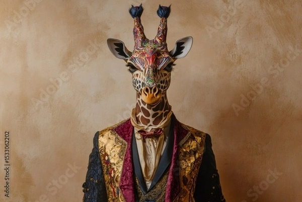 Fototapeta Surreal portrait of a giraffe wearing an elegant patterned suit and a bow tie, against a textured background, blending animal and human elements