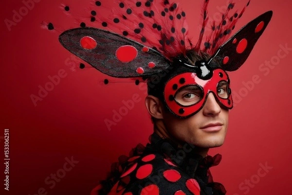 Fototapeta Male model wearing an extravagant ladybug carnival costume with black and red wings and mask posing on a red background