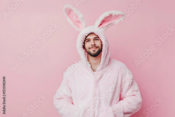 Fototapeta Cheerful man smiling while wearing a funny pink bunny costume, posing playfully against a vibrant pink background