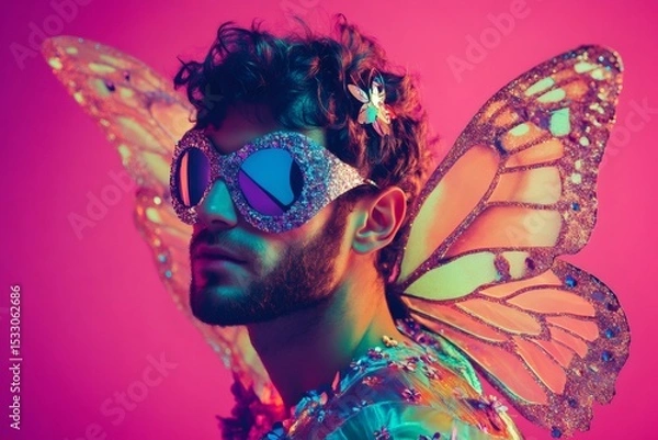 Fototapeta Male model wearing butterfly wings and glitter sunglasses posing on pink background in a studio shot with colorful lights