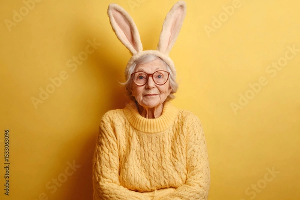 Fototapeta Portrait of a senior woman wearing a yellow sweater and bunny ears, celebrating Easter or another occasion with a cheerful expression