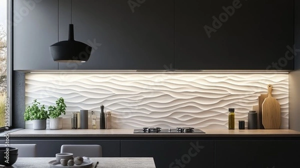 Fototapeta Modern Kitchen with Wave Pattern Backsplash and Elegant Minimalist Design Elements