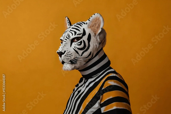 Fototapeta Profile of a man wearing a realistic white tiger mask and a striped shirt on an orange background, creating a vibrant and surreal image