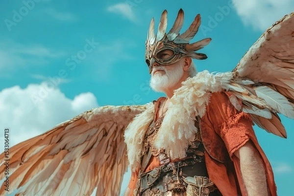 Fototapeta Majestic senior man with white beard and feather wings looking like an angel posing under a beautiful blue sky