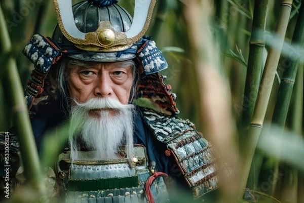 Fototapeta Elderly samurai with long white beard and mustache posing in bamboo forest, wearing traditional armor