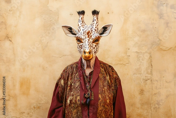 Fototapeta Senior woman wearing an elegant giraffe mask and a stylish patterned jacket, striking a pose against a soft beige wall