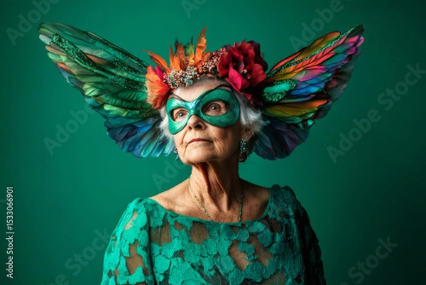 Fototapeta Studio portrait of an elegant mature woman wearing colorful hummingbird wings and green mask, embodying fantasy and celebrating age with vibrant style