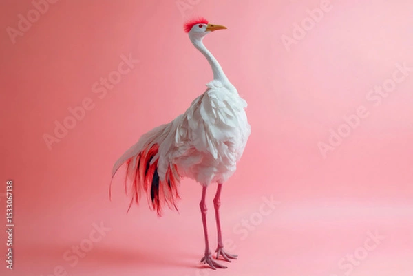 Fototapeta Studio shot featuring a white crane adorned with pink accents, gracefully standing against a seamless pink backdrop, exuding elegance and beauty