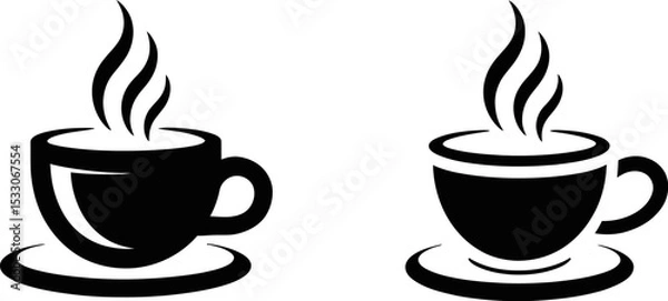 Obraz Two black coffee cups with steam on saucers in a simple minimalist graphic design illustration