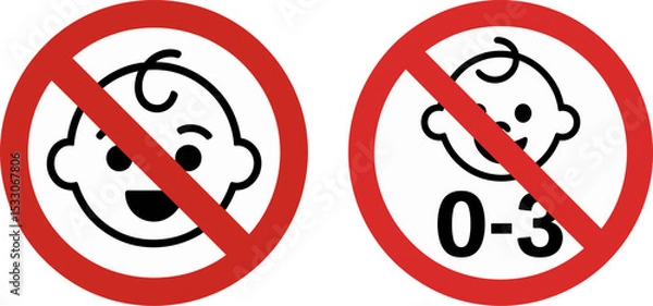 Fototapeta Not Suitable for Children Under 3 Years Sign – Prohibition Symbol with Crossed-Out Baby Face for Packaging Safety

