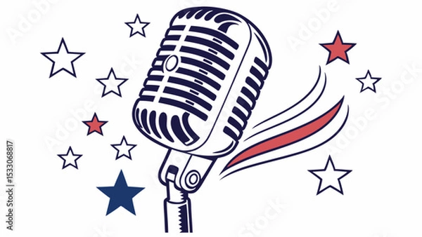 Obraz Vintage Microphone with Patriotic Stars and Streamers Illustration